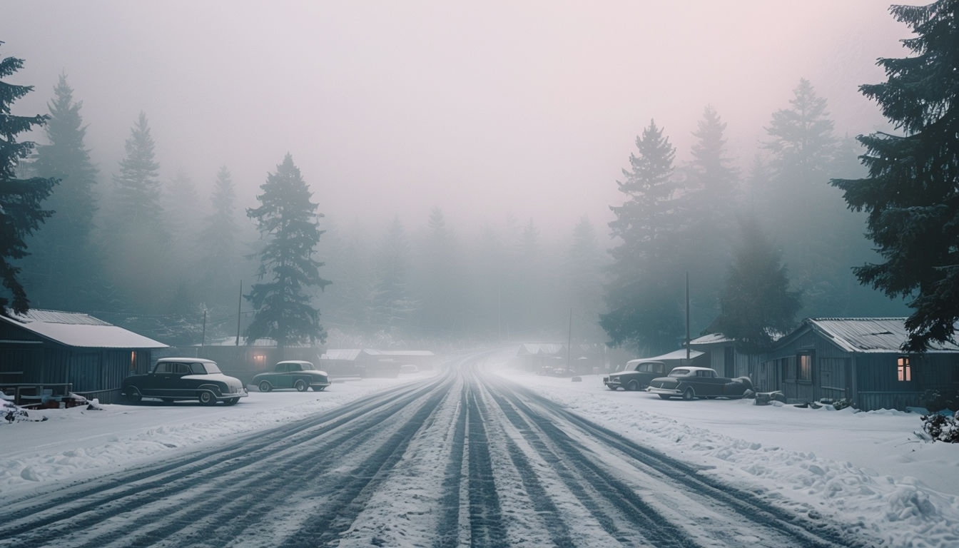 Serene Foggy Winter Landscape with Vintage Charm Background