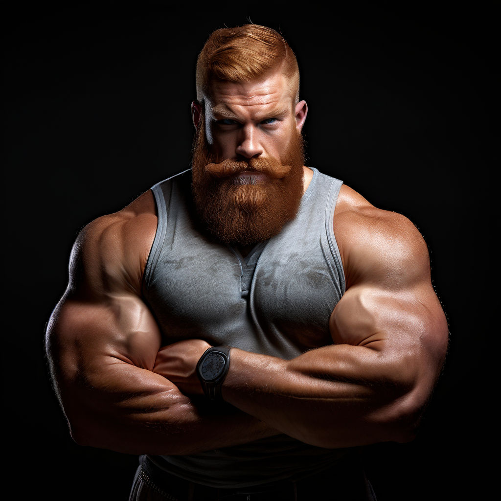 face red hair woman with big muscle arm lifting a heavy rock