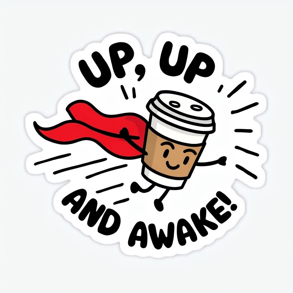 Whimsical Superhero Coffee Cup Character Sticker