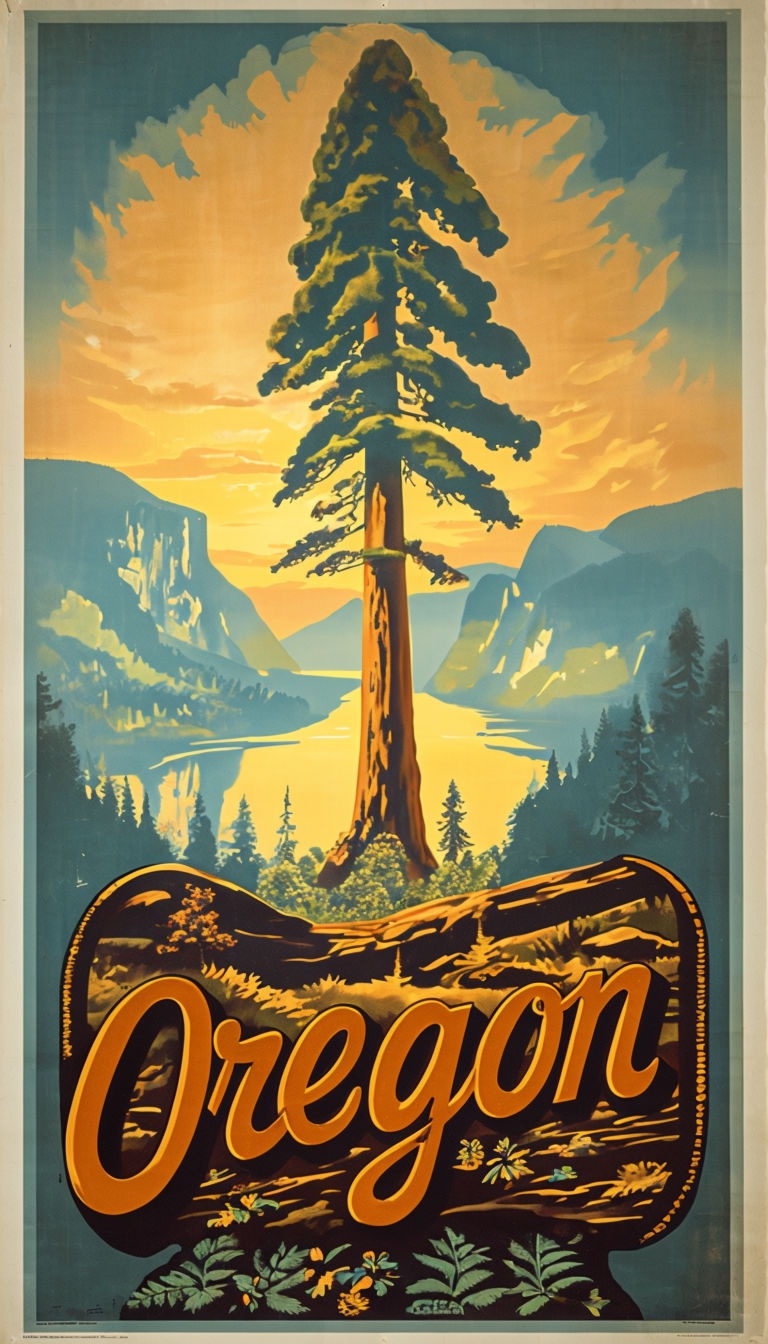 Charming Vintage Oregon Travel Poster with Sequoia Tree and Columbia River Gorge Art