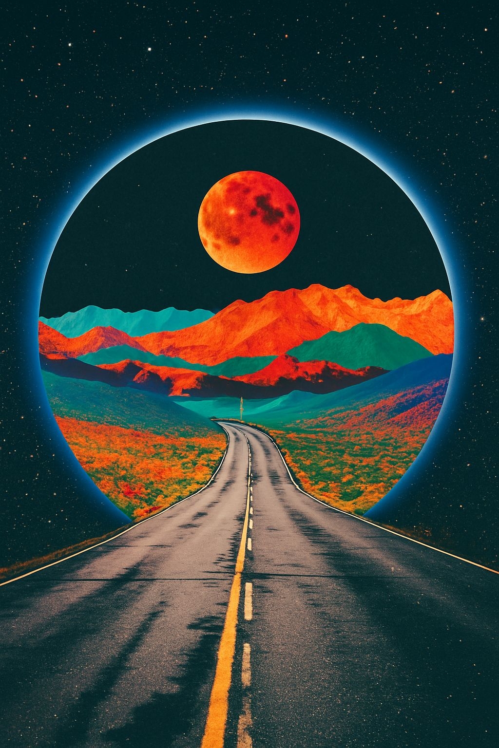 Surreal Winding Road with Vibrant Landscape and Cosmic Moon Art