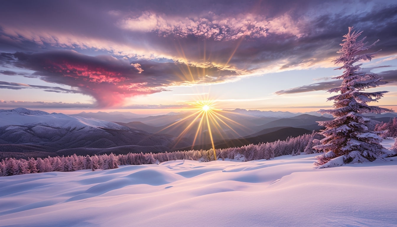 Majestic Winter Sunrise Over Snowy Mountains Virtual Background