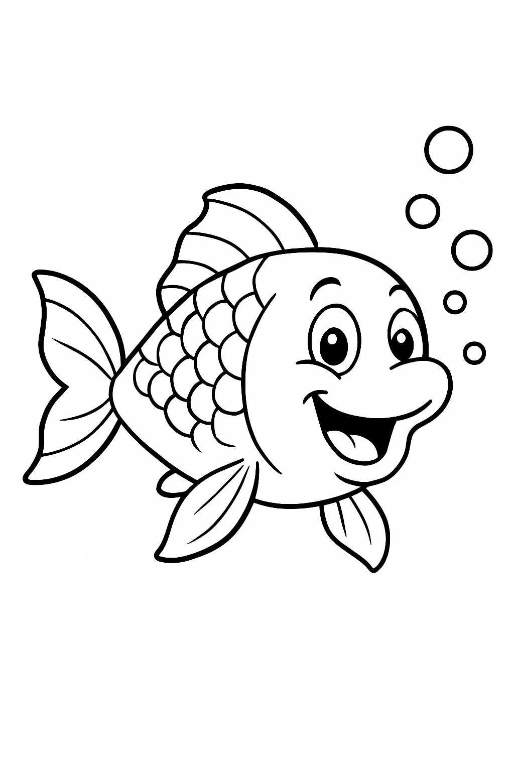 Cheerful Cartoon Fish with Bubbles Line Art Coloring Page