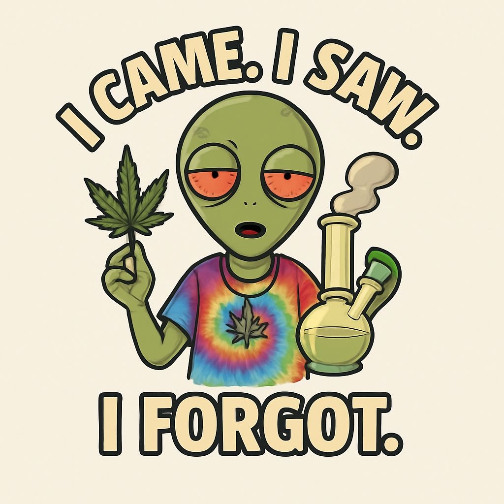 Humorous Cartoon Alien with Tie-Dye Shirt and Cannabis Sticker