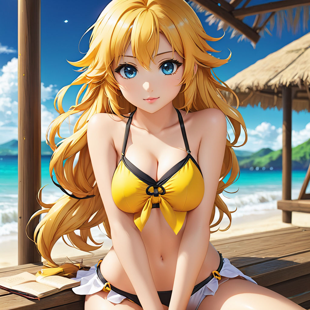 anime girl in black and yellow swimsuit