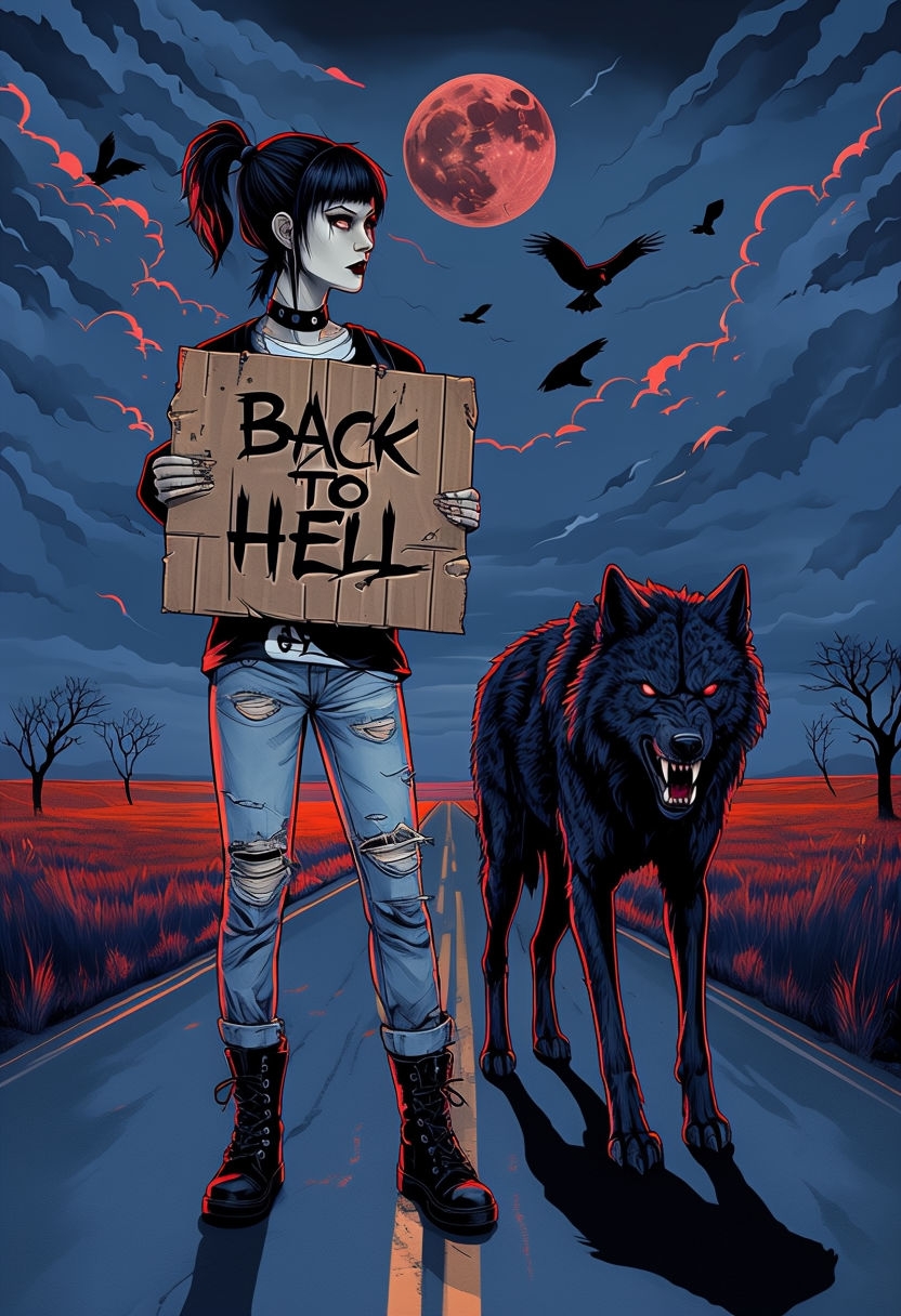 Gothic Young Woman and Wolf on Dark Road Back to Hell Poster