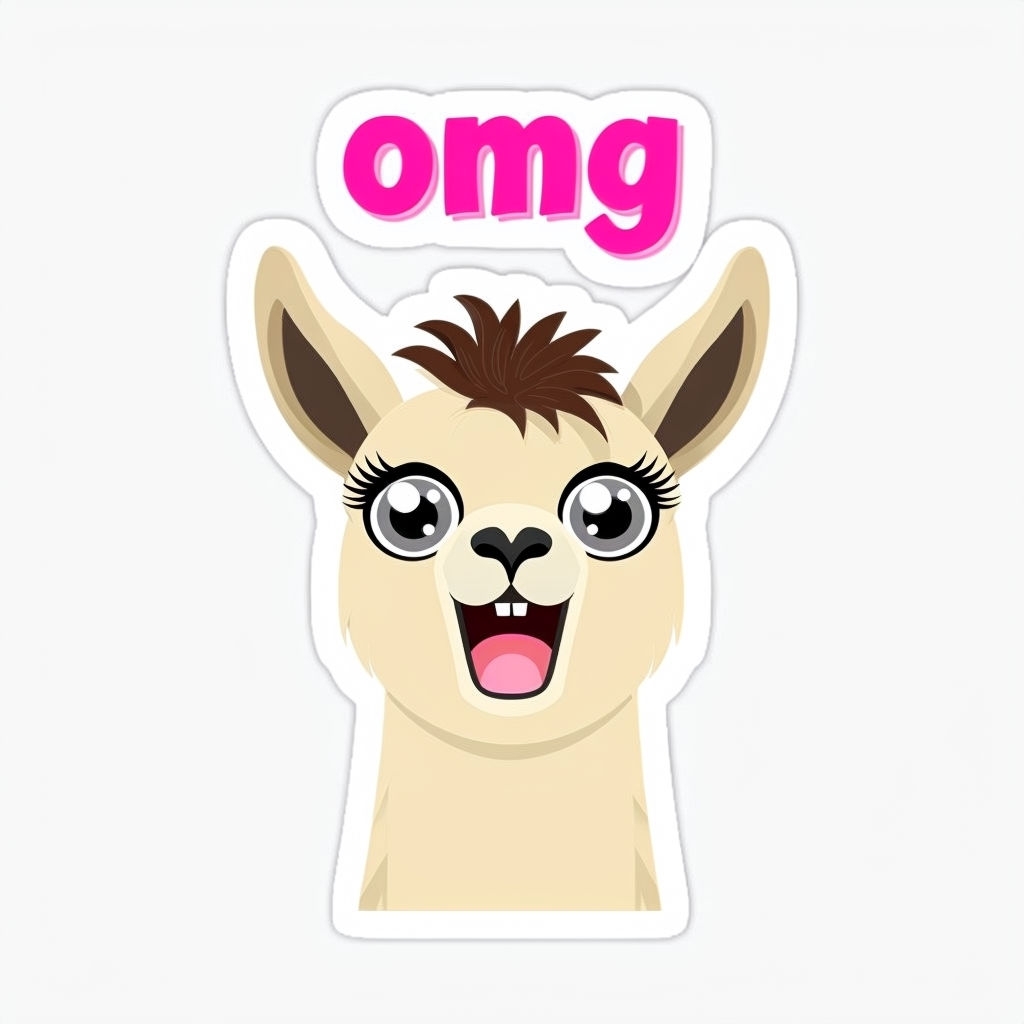 Cheerful Cartoon Llama with OMG Text Sticker