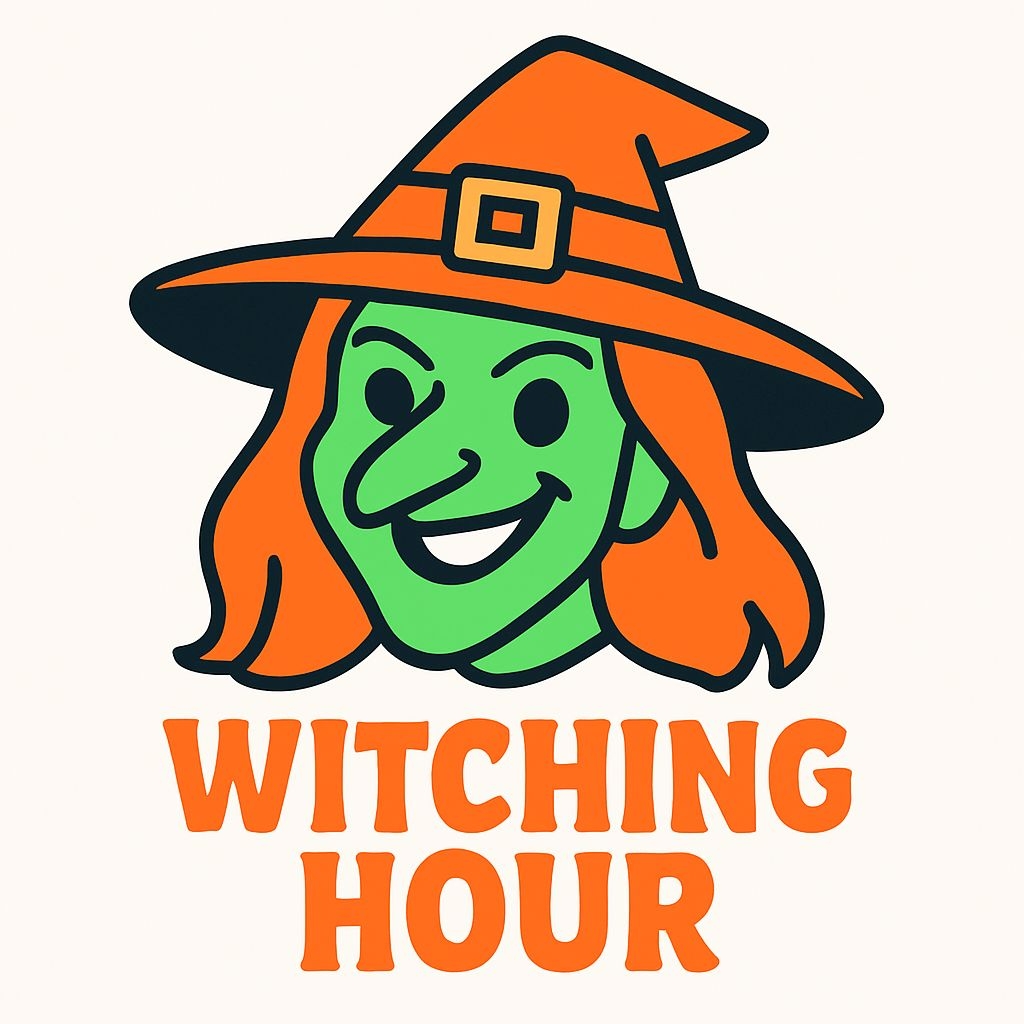 Playful Witch Face Illustration with 'Witching Hour' Text Sticker