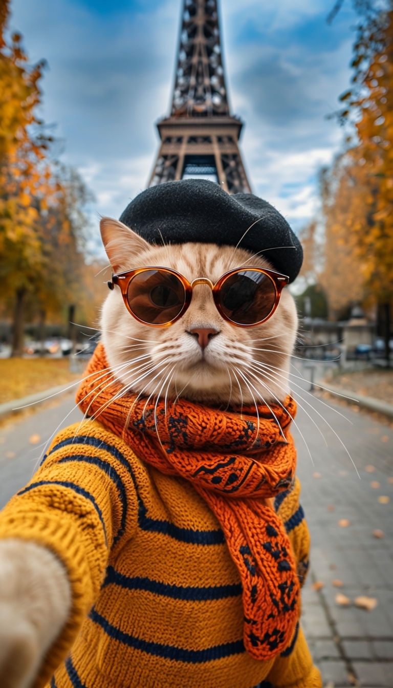 Chic French Cat in Stylish Attire with Eiffel Tower Background Poster