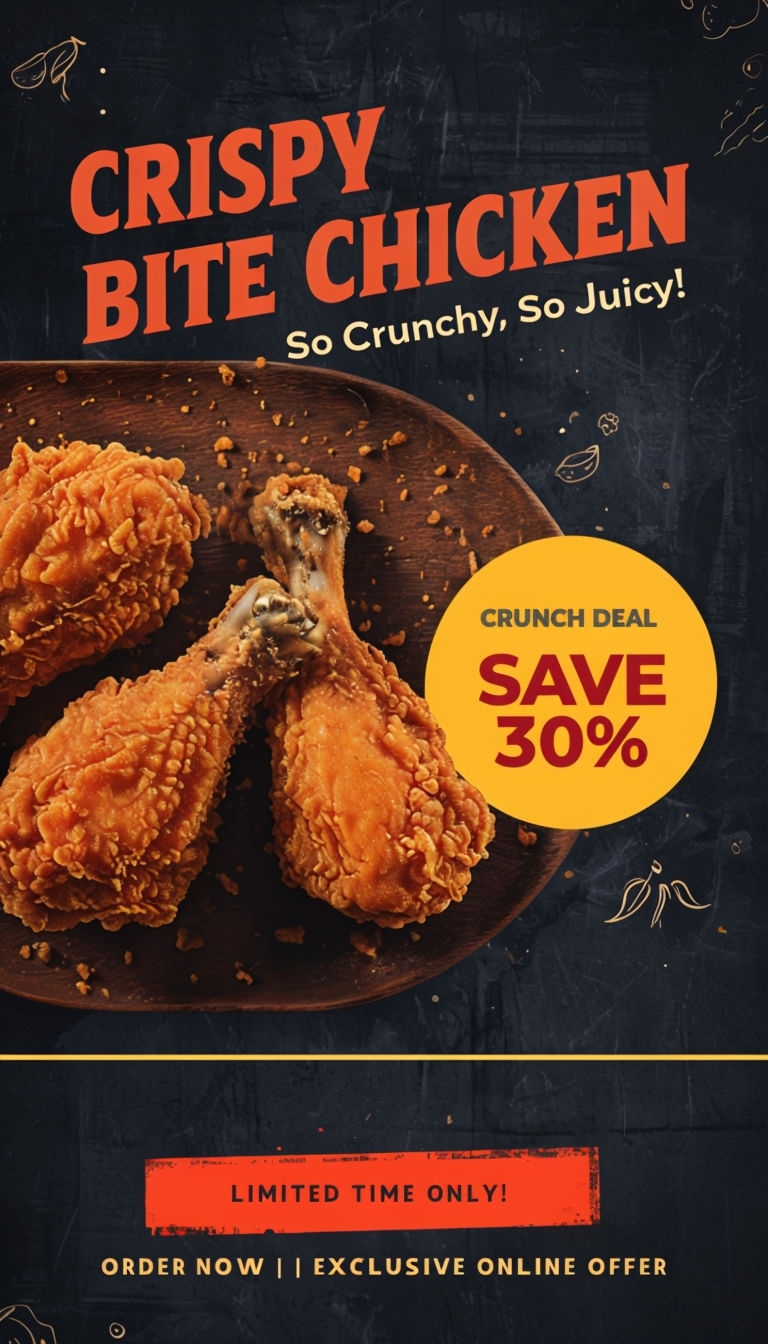 Crispy Bite Chicken Promotional Poster with Crunch Deal Offer Social Media Post