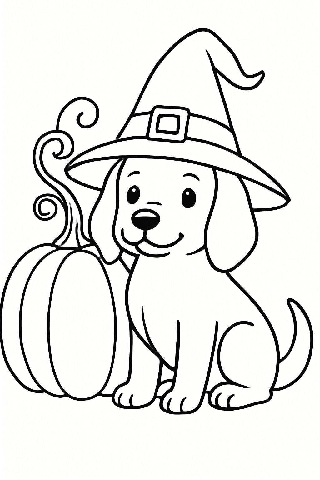 Adorable Cartoon Puppy with Pumpkin and Witch Hat Coloring Page