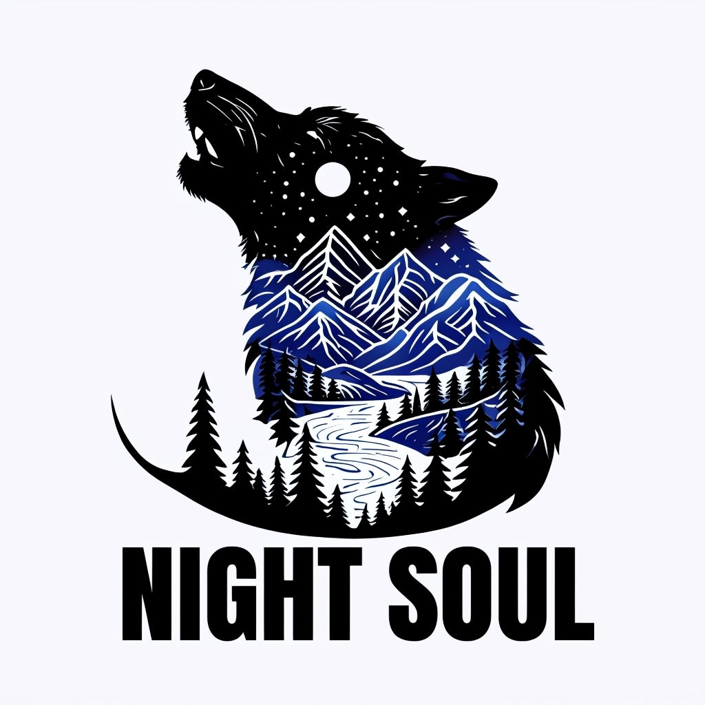 Stylized Howling Wolf Graphic T-Shirt with Night Landscape Design