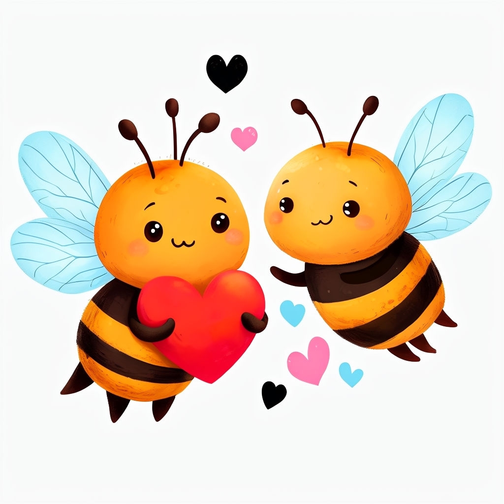 Cute Cartoon Bees with Heart and Colorful Accents Art