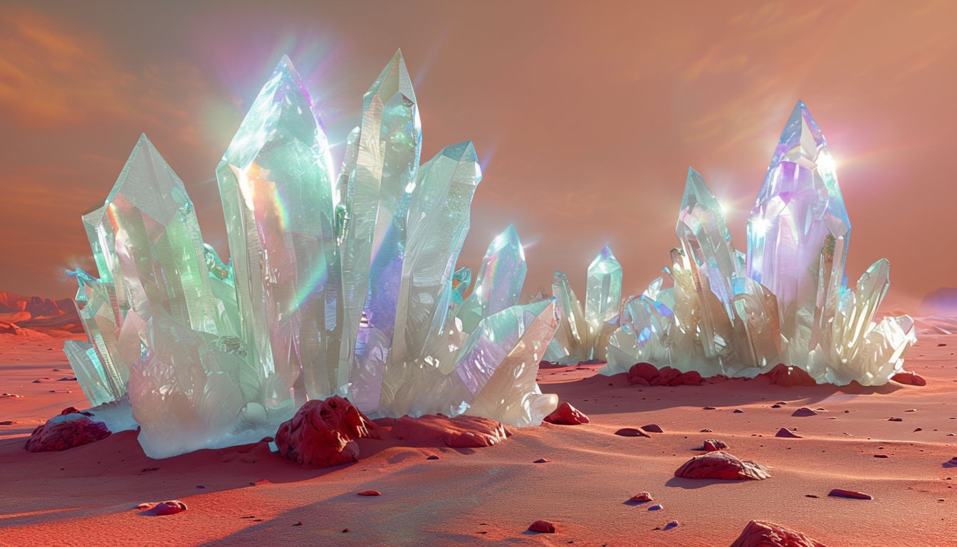 Translucent Crystal Formations in an Alien Desert Landscape Wallpaper Virtual Backgrounds