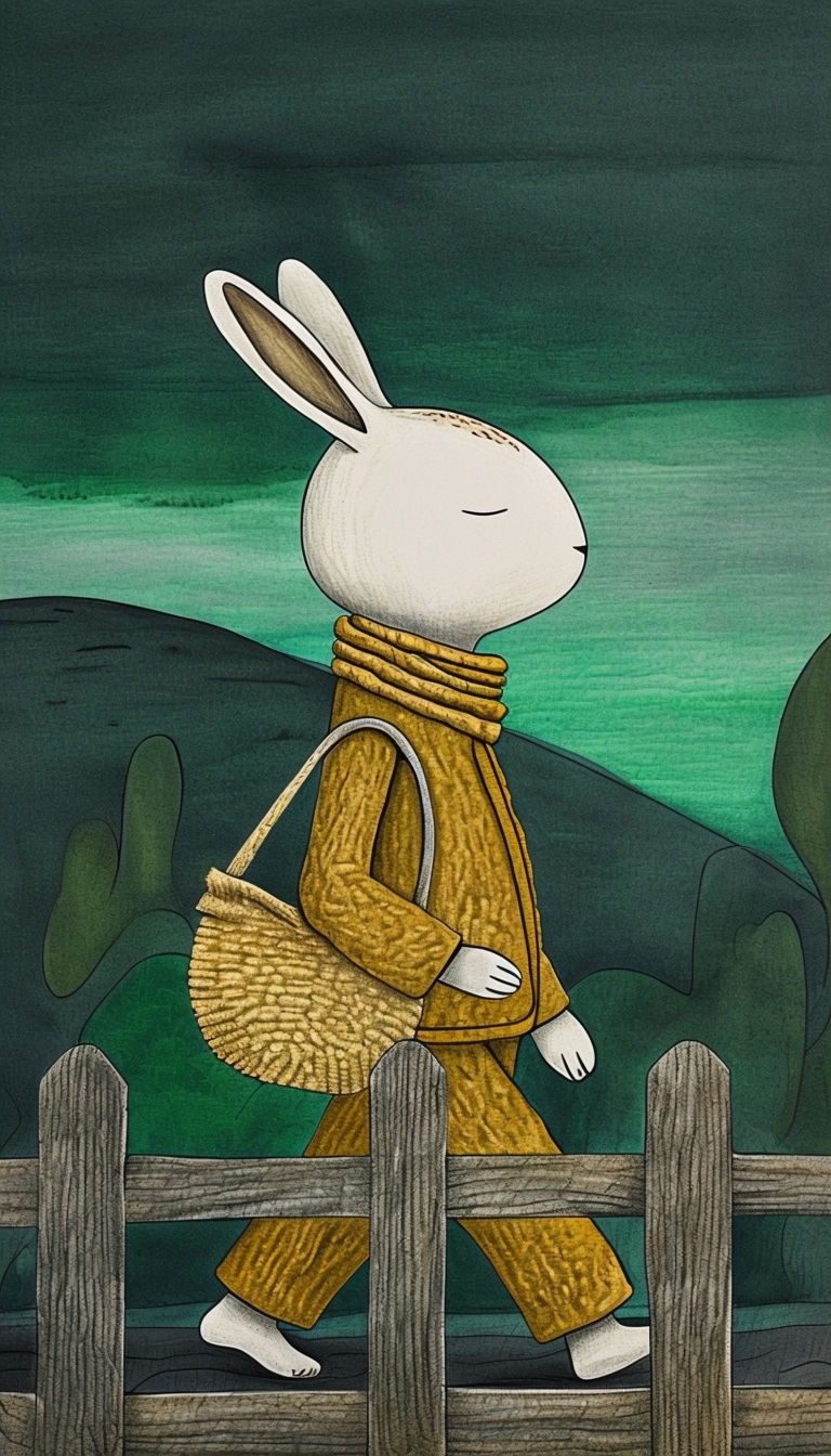 Whimsical White Rabbit in Mustard Suit Hand-Drawn Illustration Mobile Wallpaper