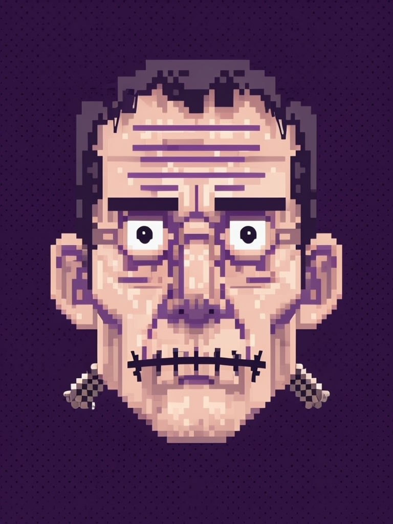 Eerie Pixel Art Frankenstein Character Face Illustration Poster