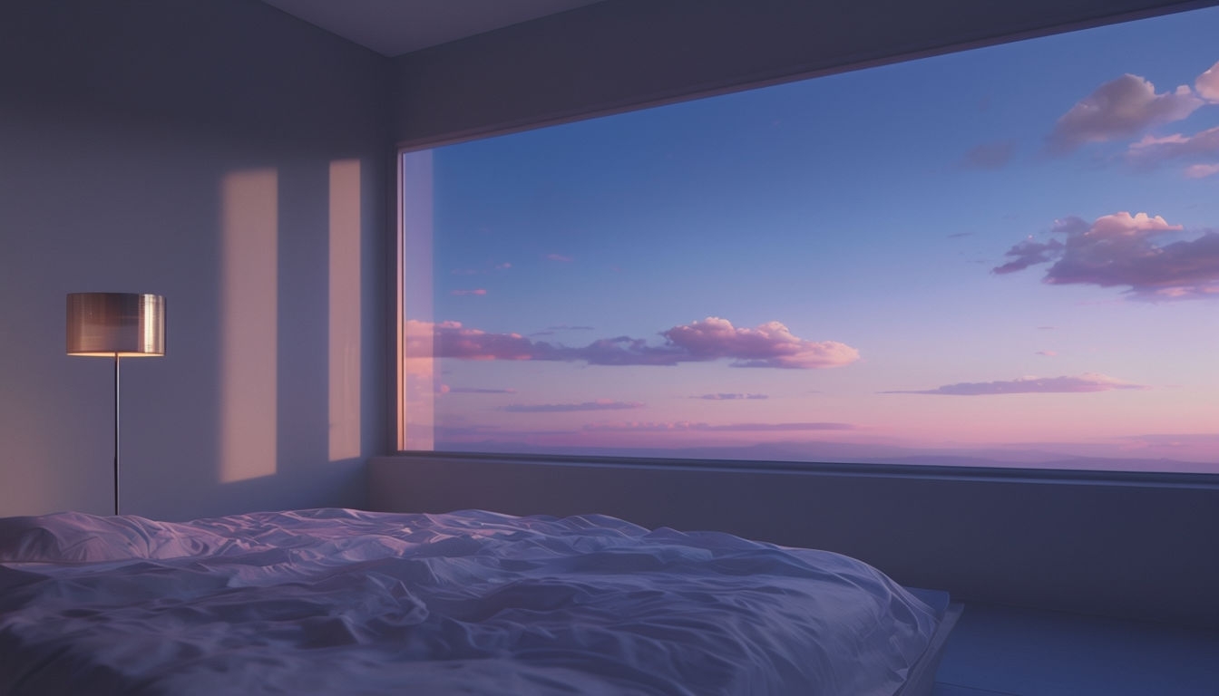 Serene Minimalist Bedroom with Sunset View Virtual Background