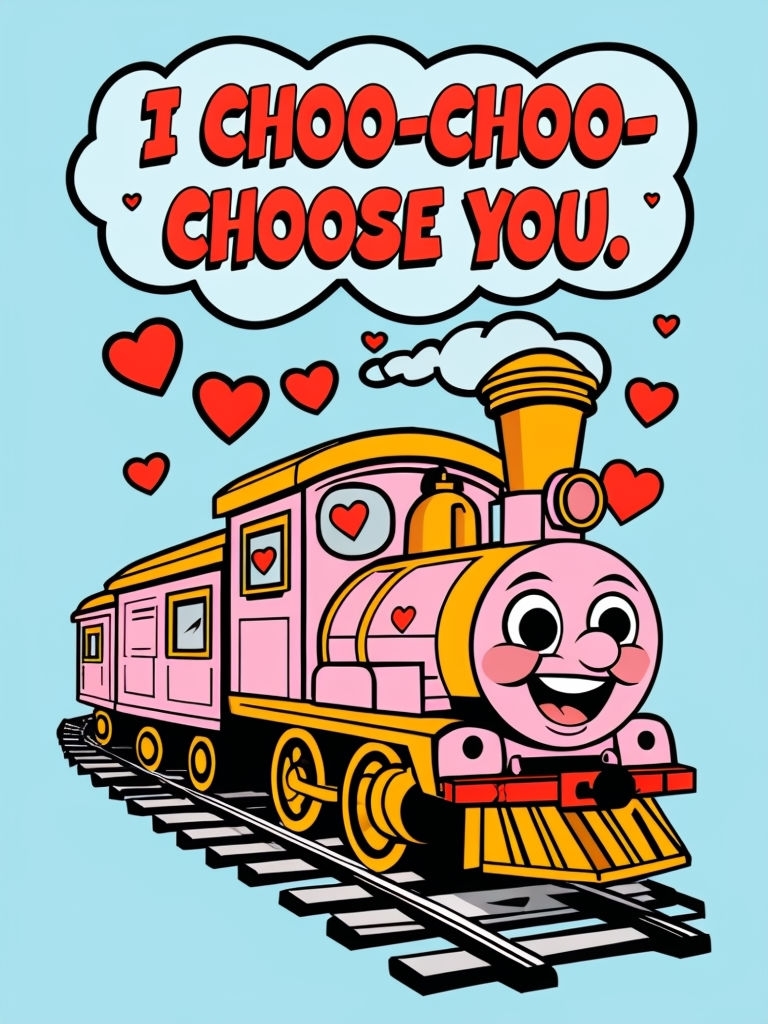 Cheerful Pink Train Illustration with Love Message Invite Cards & Invites