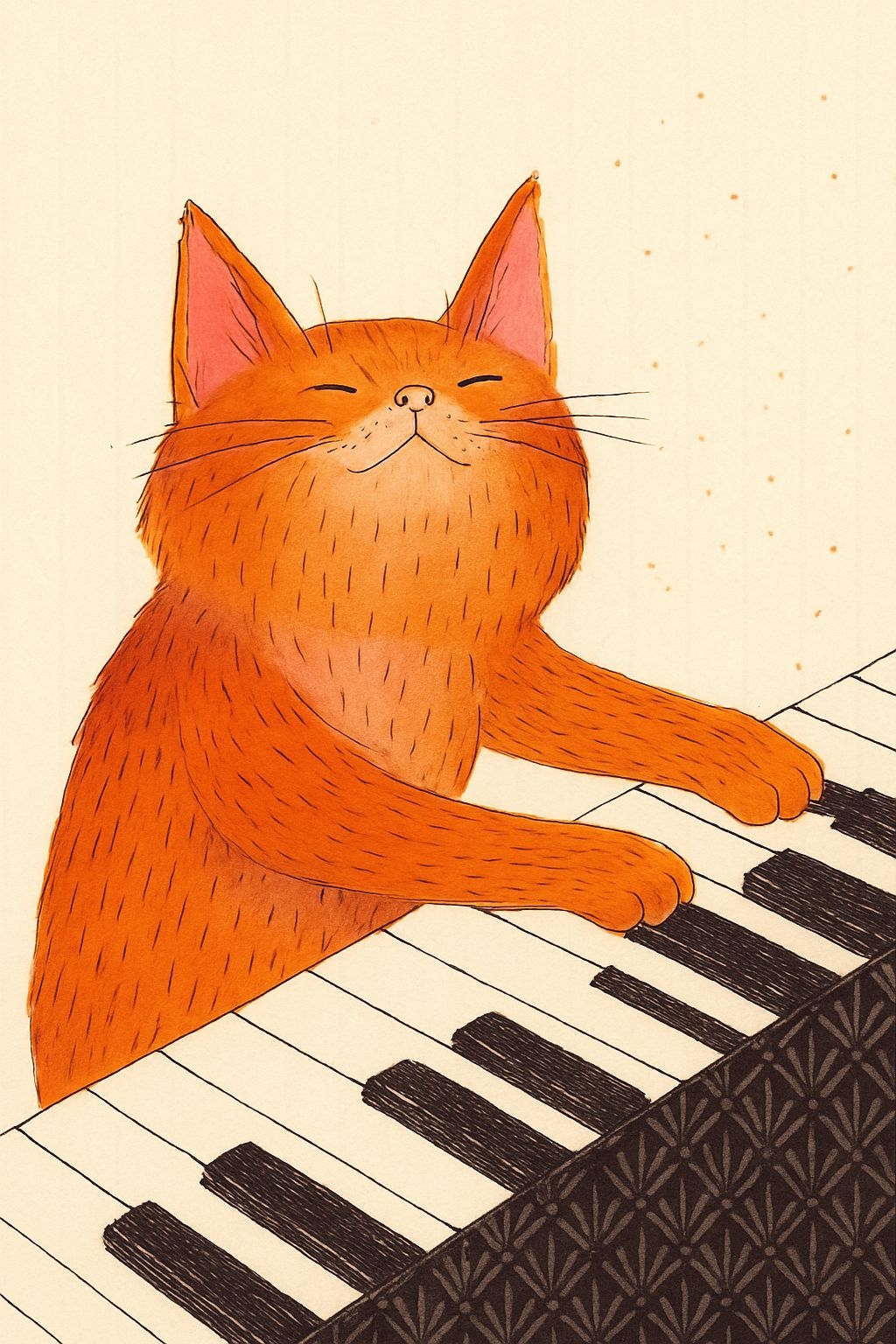 Whimsical Orange Tabby Cat Playing Piano Cartoon T-Shirt
