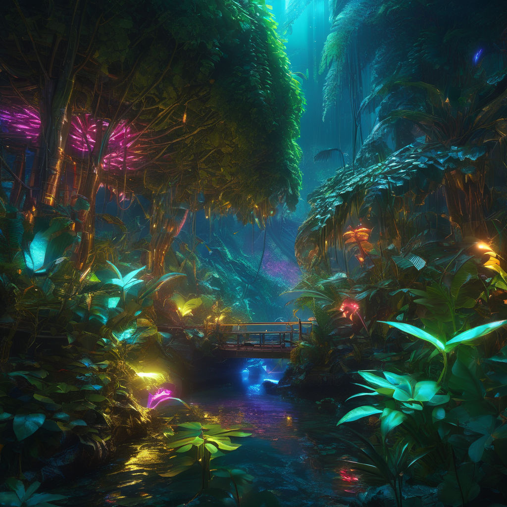 A neon-lit jungle with glowing flora and fauna by Wiki - Playground