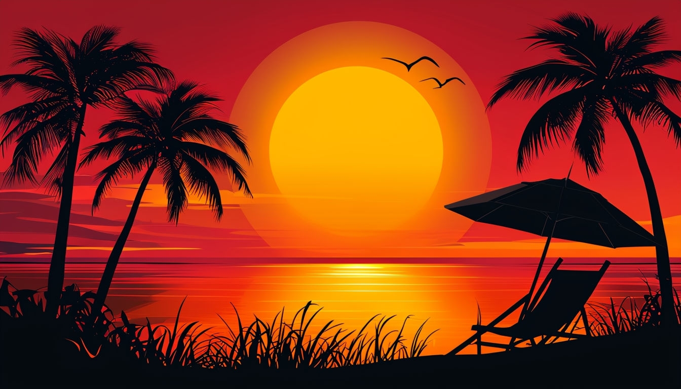 Serene Tropical Sunset Scene with Silhouettes Virtual Background