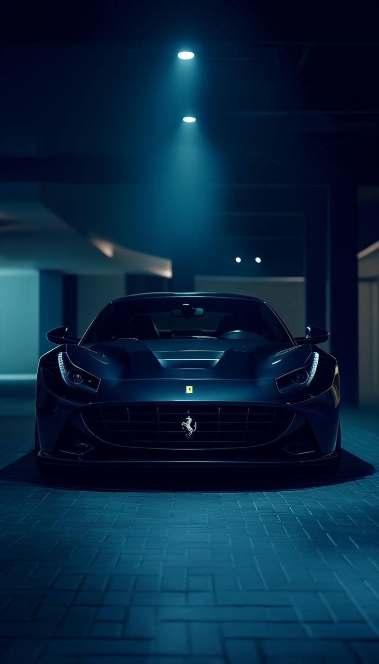 Sleek Black Ferrari Cinematic Portrait in Modern Garage Mobile Wallpaper