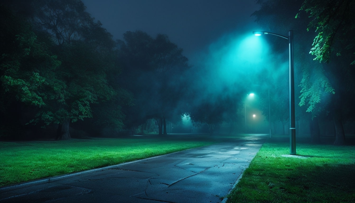 Mysterious Night Park Pathway with Soft Cyan Light Background