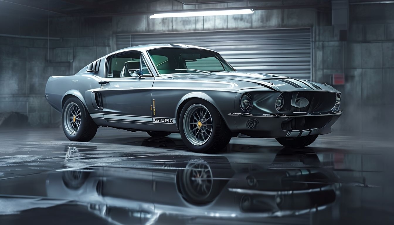 Sleek Silver Shelby GT500 Muscle Car in Industrial Garage Virtual Backgrounds