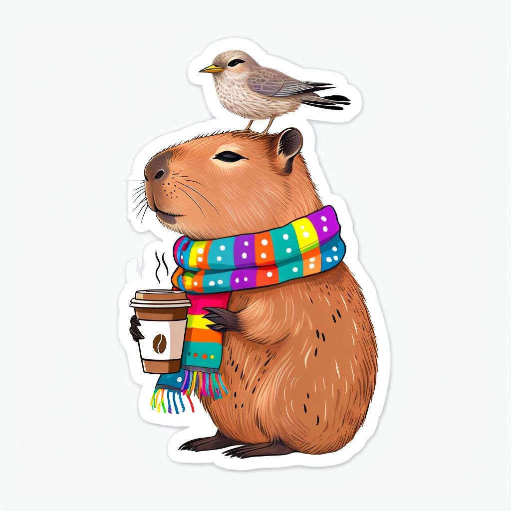 Whimsical Capybara with Coffee and Bird Cartoon Sticker