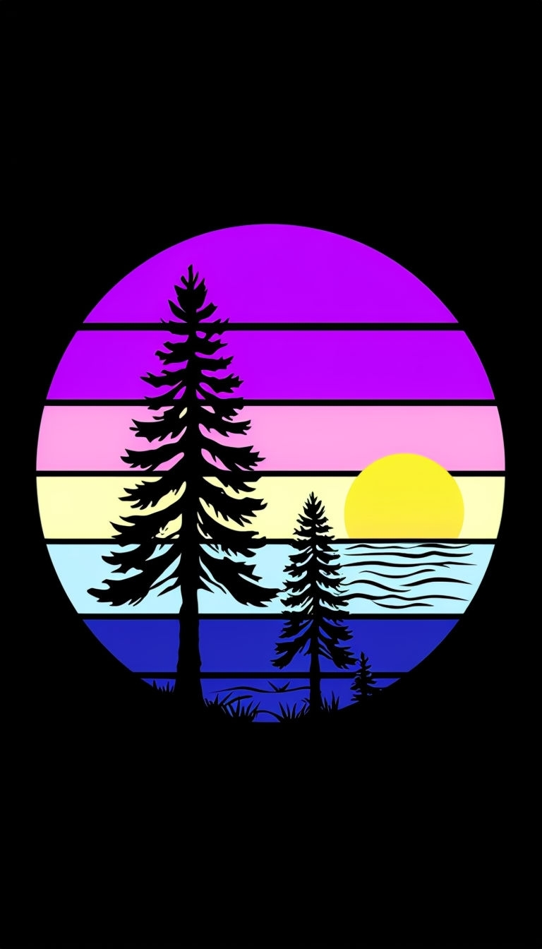 Vibrant Retro Twilight Scene with Pine Trees Mobile Wallpaper