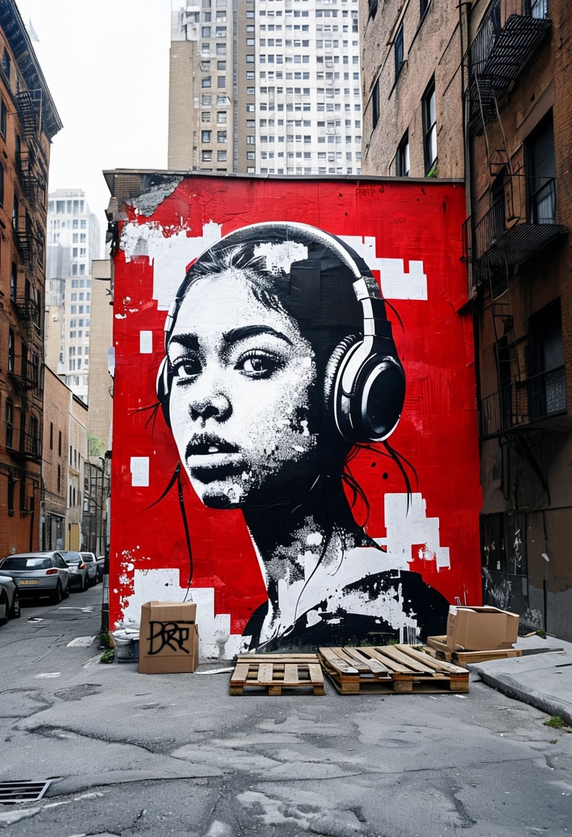 Urban Mural of Contemplative Woman with Headphones Art