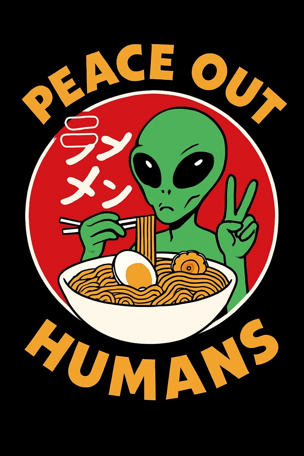 Funny Cartoon Alien Eating Ramen with Peace Sign T-Shirt