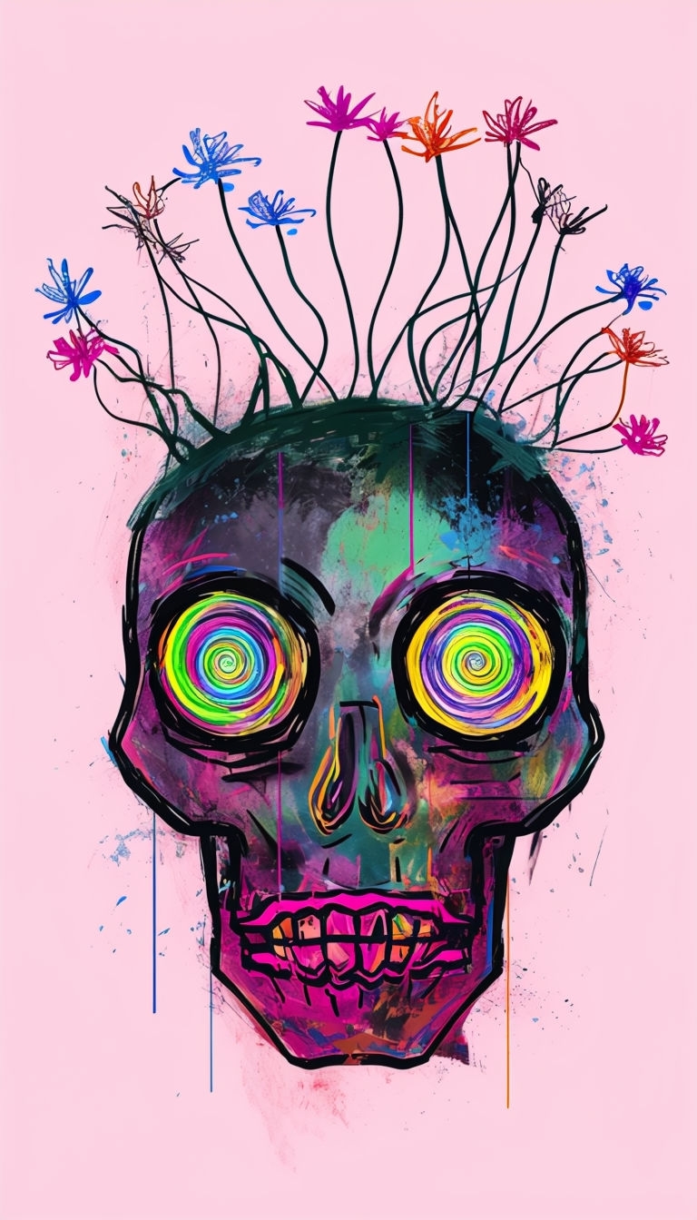 Psychedelic Neon Skull Artwork with Floral Crown Mobile Wallpaper