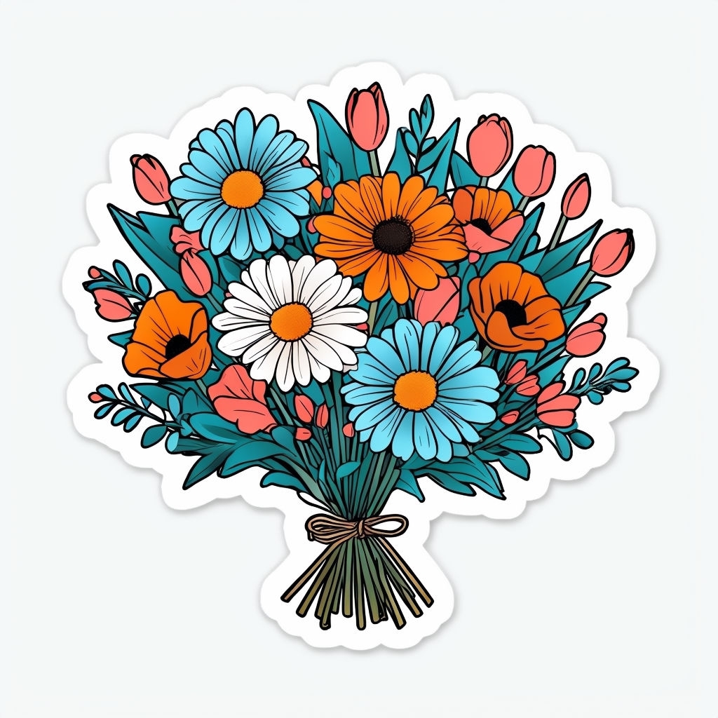 Vibrant Cartoon Flower Bouquet Sticker Design on White Background