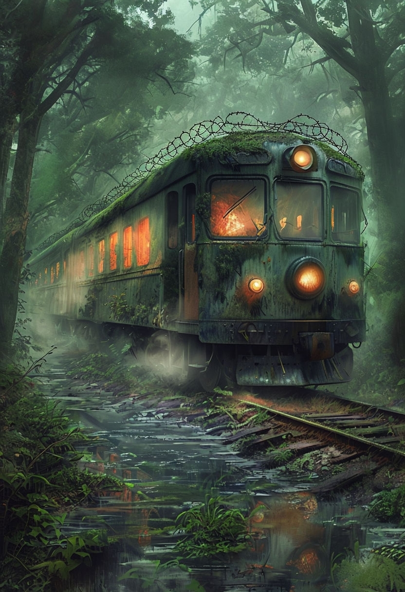 Haunting Abandoned Train in Misty Forest Digital Art Poster