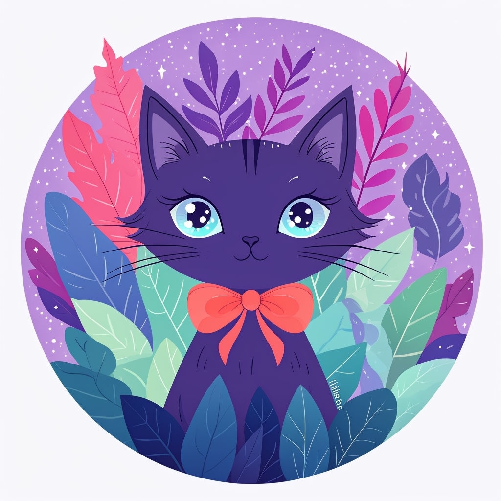 Whimsical Purple Cat with Bow and Magical Leaves Sticker