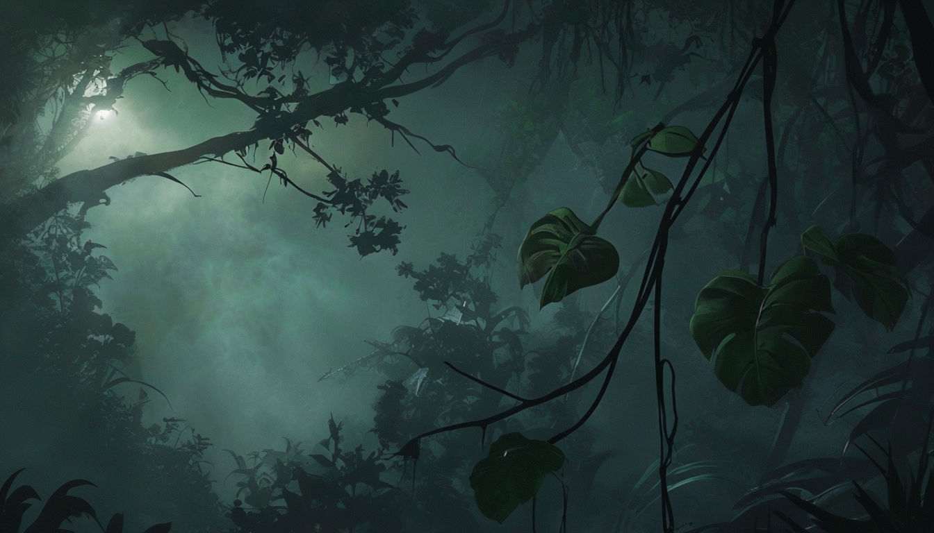 Eerie Dark Jungle Scene with Moonlight and Misty Atmosphere Background