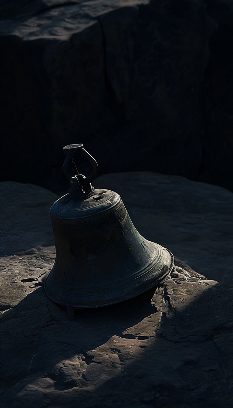 Ancient Worn Metal Bell on Rock Surface in Faint Light Mobile Wallpaper