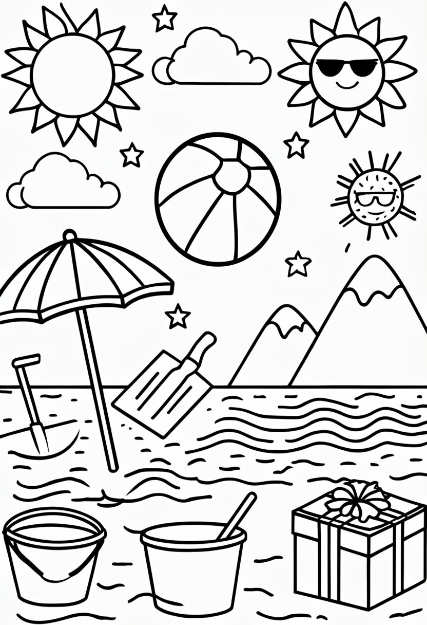 Summer-Themed Beach Coloring Page with Fun Elements for Kids Coloring Book Pages