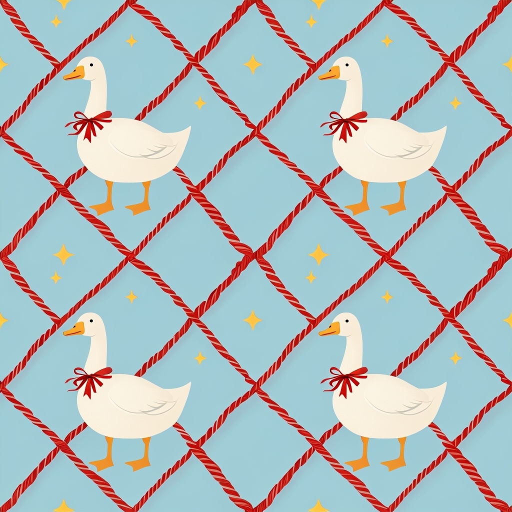 Whimsical White Geese Festive Pattern with Red Ribbons Seamless Pattern