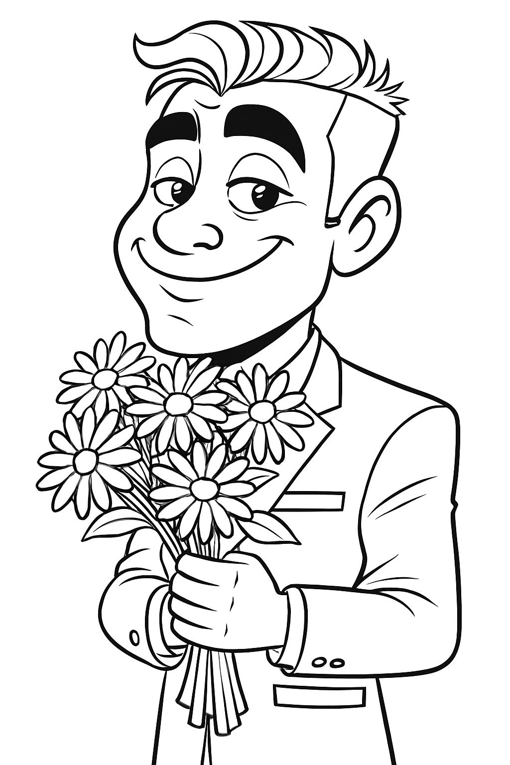 Cheerful Cartoon Young Man Holding Daisy Bouquet Coloring Book Pages