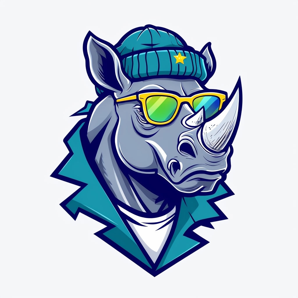 Vibrant Cartoon Rhino Head with Sunglasses and Beanie Sticker