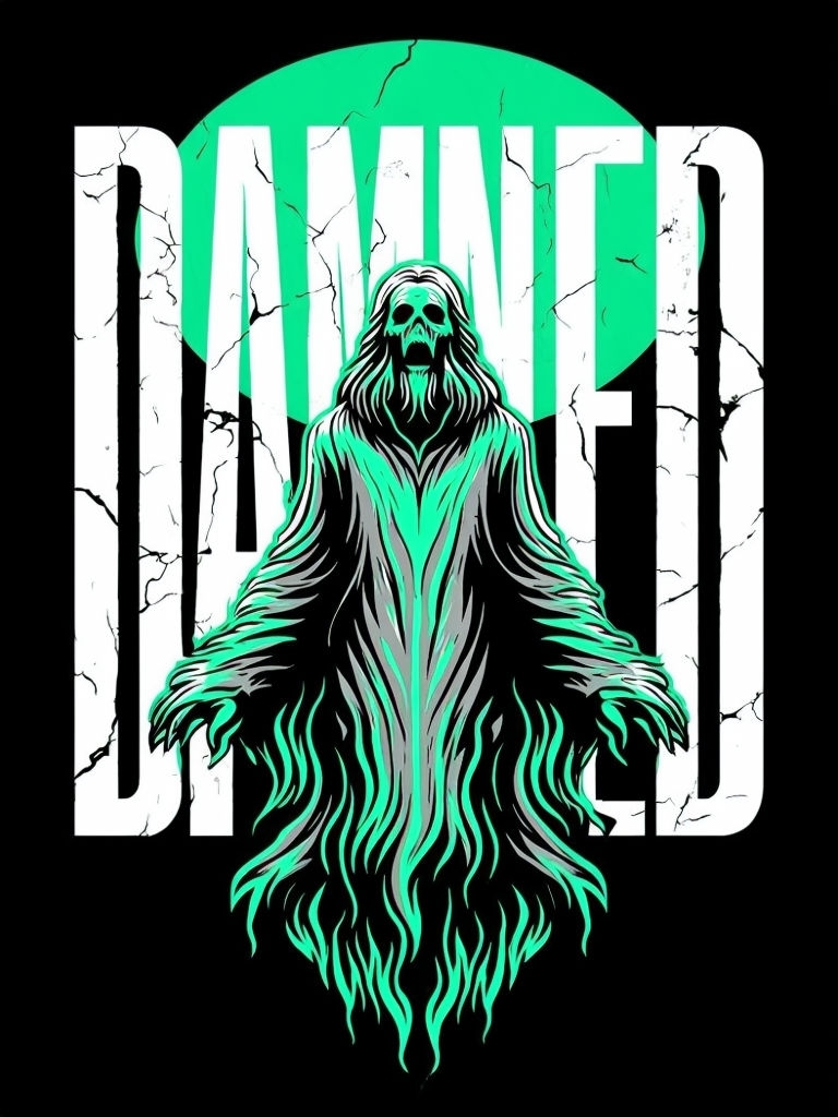 Eerie Spectral Figure with Damned Typography T-Shirt