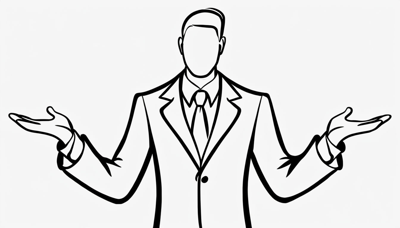 Minimalist Black Line Drawing of a Questioning Figure in Suit Art