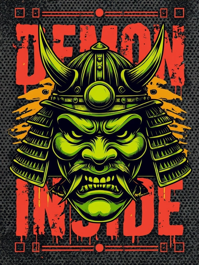 Fierce Samurai Mask with 'Demon Inside' Graphic Art Poster