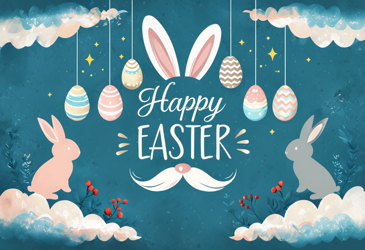 Whimsical Happy Easter Greeting Card with Cute Bunnies and Eggs Design