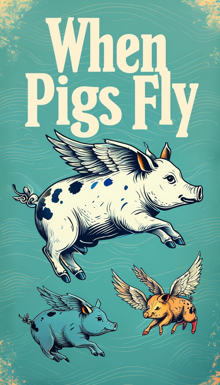 Whimsical When Pigs Fly Poster with Colorful Cartoon Pigs