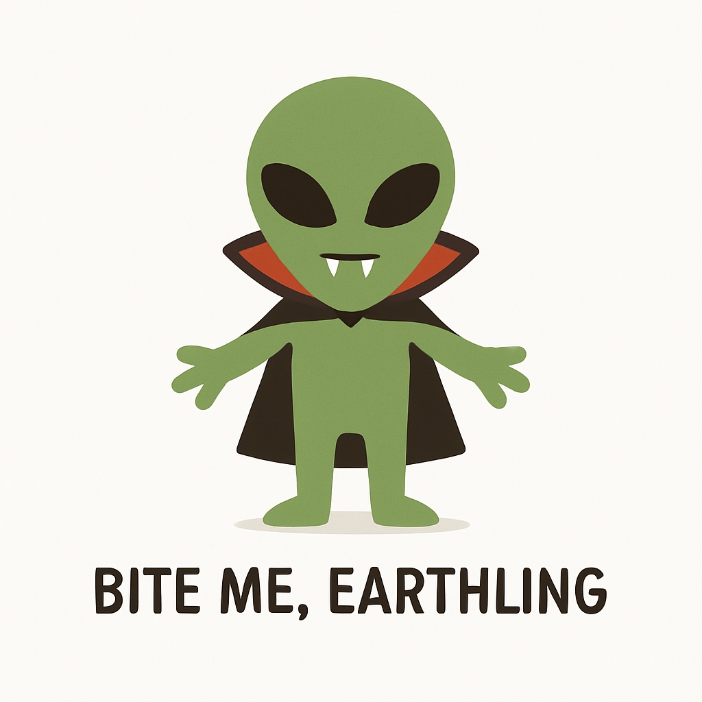 Playful Green Alien with Vampire Cape Bite Me Sticker