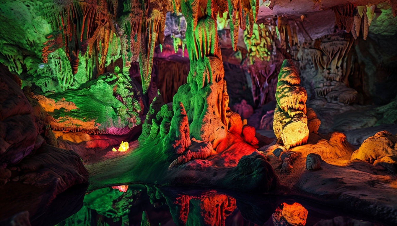 Illuminated Cave with Colorful Limestone Formations Background
