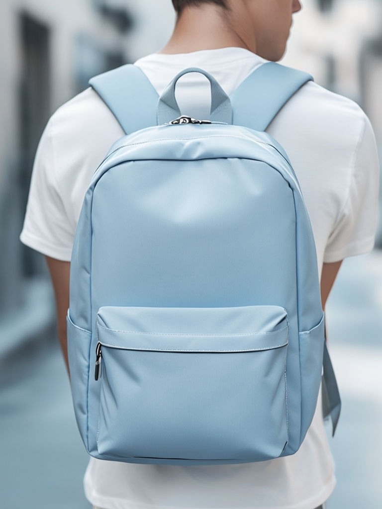 Light Blue Minimalist Backpack Model Urban Lifestyle Mockup